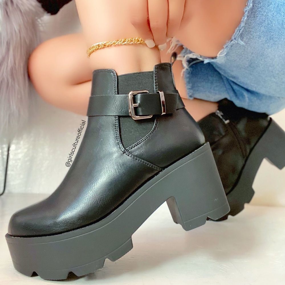 Black Biker Motorcycle Platform Booties - Picture 2 of 2